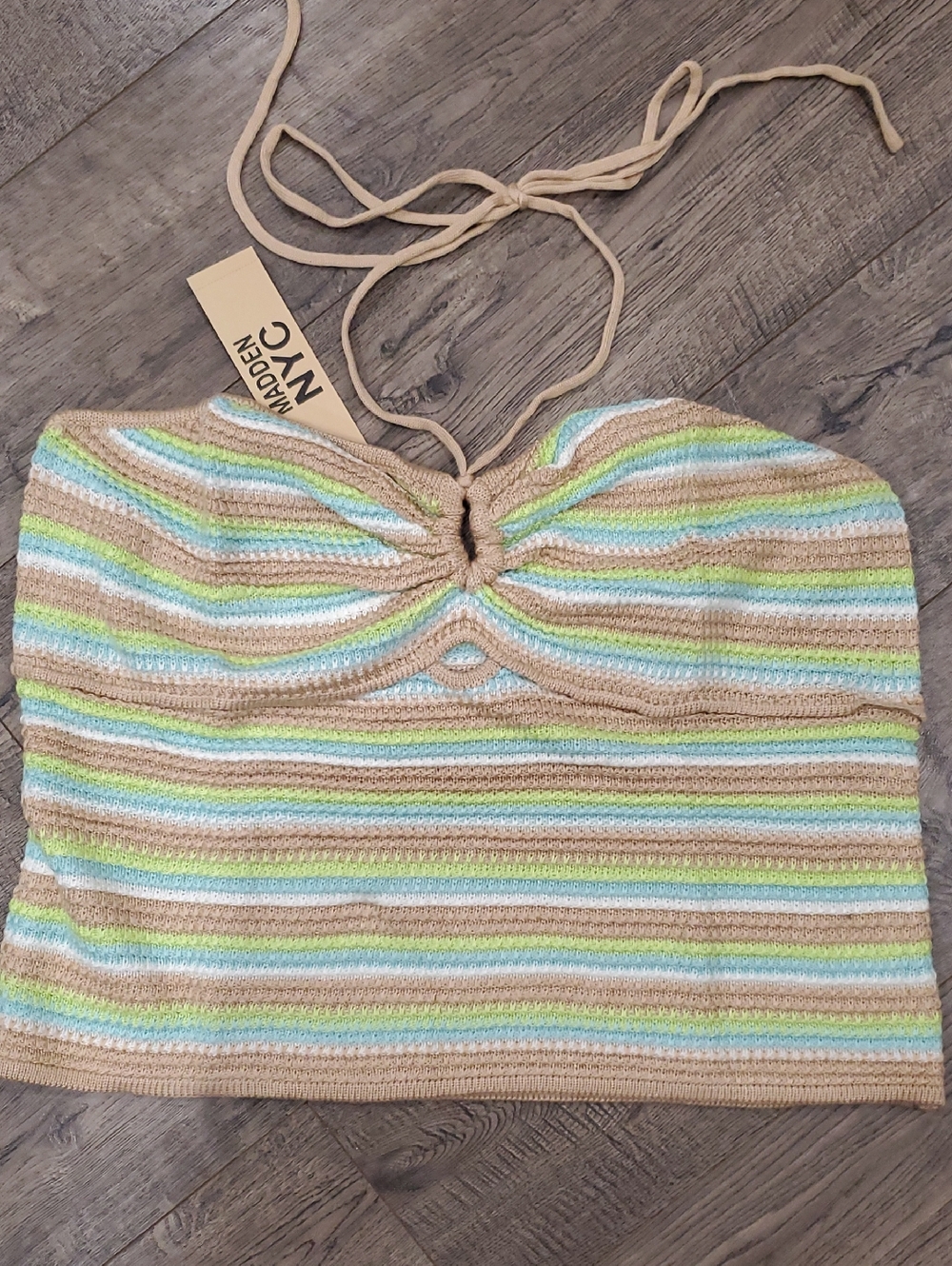 Madden NYC Beige Striped Crochet Halter Tube Top